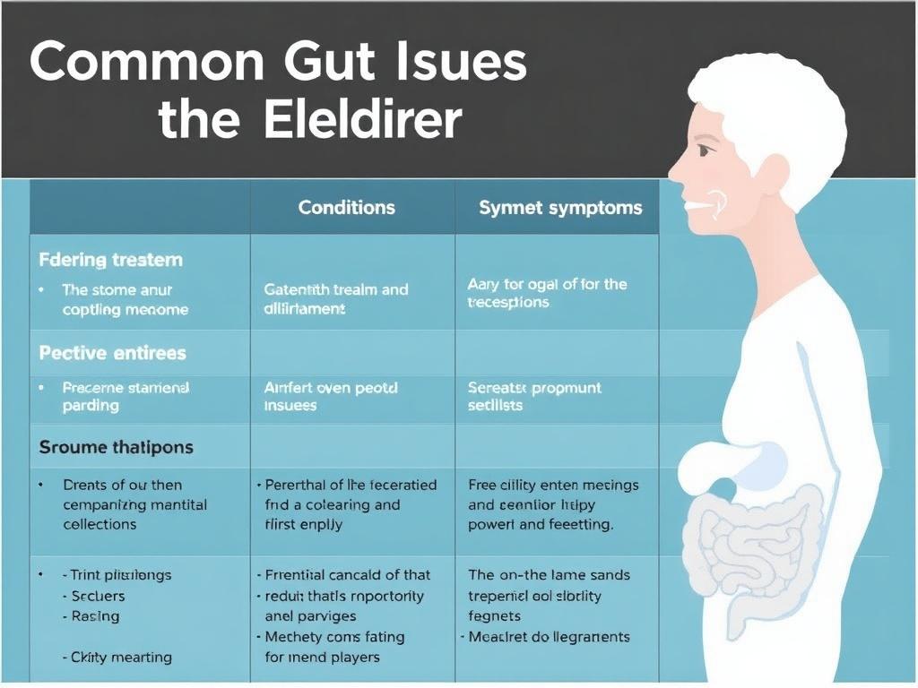     Common Gut Issues in the Elderly. A quick-reference table: common conditions, symptoms, and first steps
